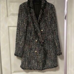 Chic Black Tweed Double-Breasted Coat,ZARA